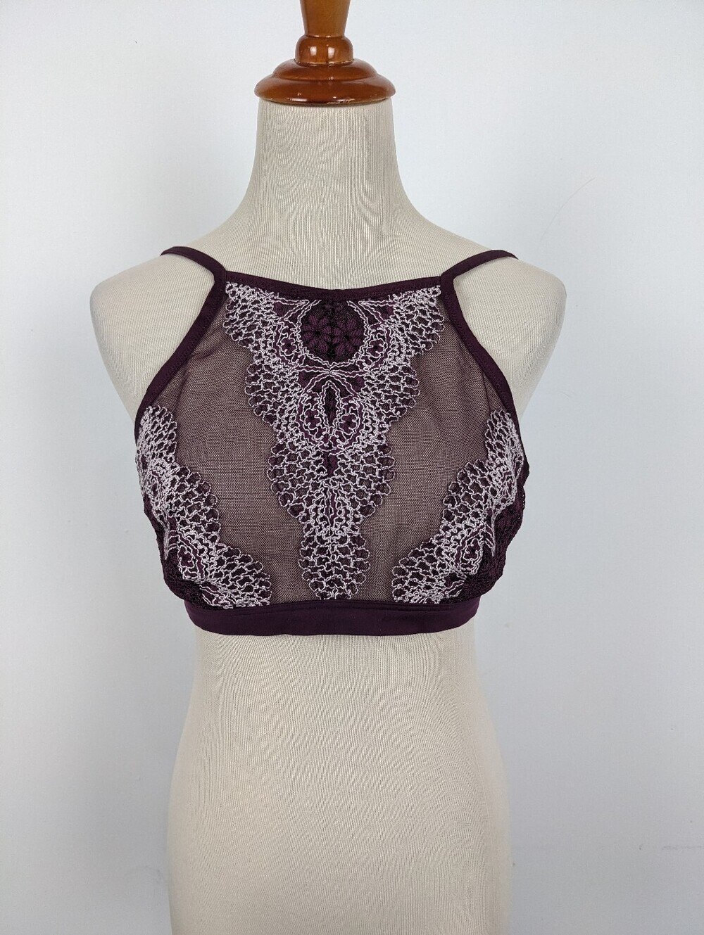 Victoria's Secret Lace Bralette size Large Burgundy Floral High Neck